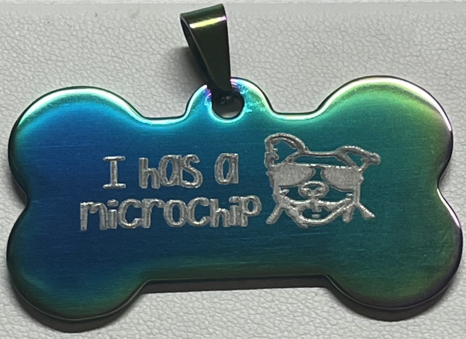 Laser Engraved Stainless Steel Pet Tag Bone ” I Has a Microchip” Tonal 2X1 inch