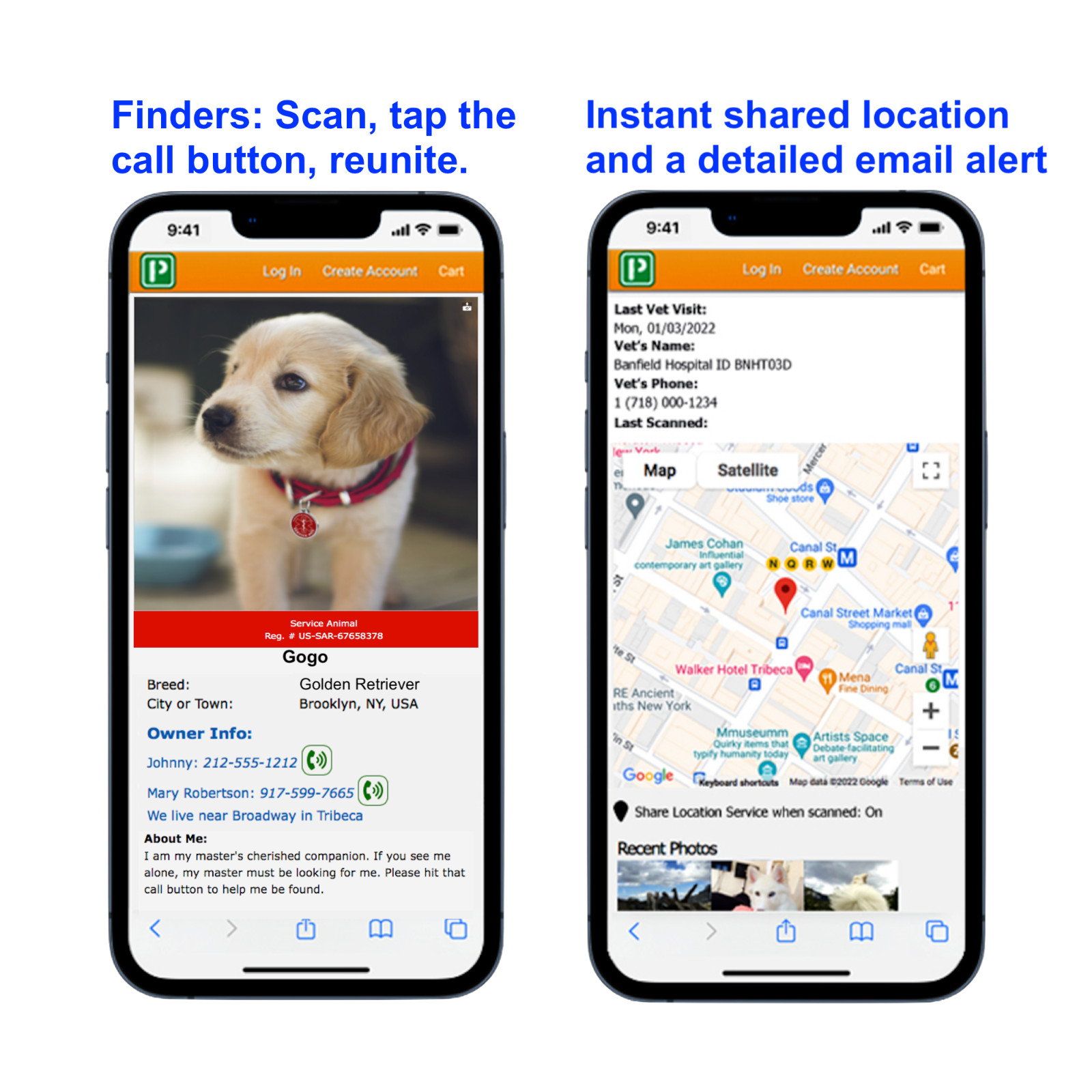 Pet Dwelling Advanced Service Dog ID Tag- Online Profile- Instant Scan GPS Alert