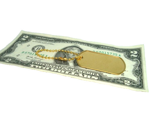 #1 BRASS Military Style Rolled Edge Dog Tag Yellow Brass + Gold 4.5″ Ball Chain