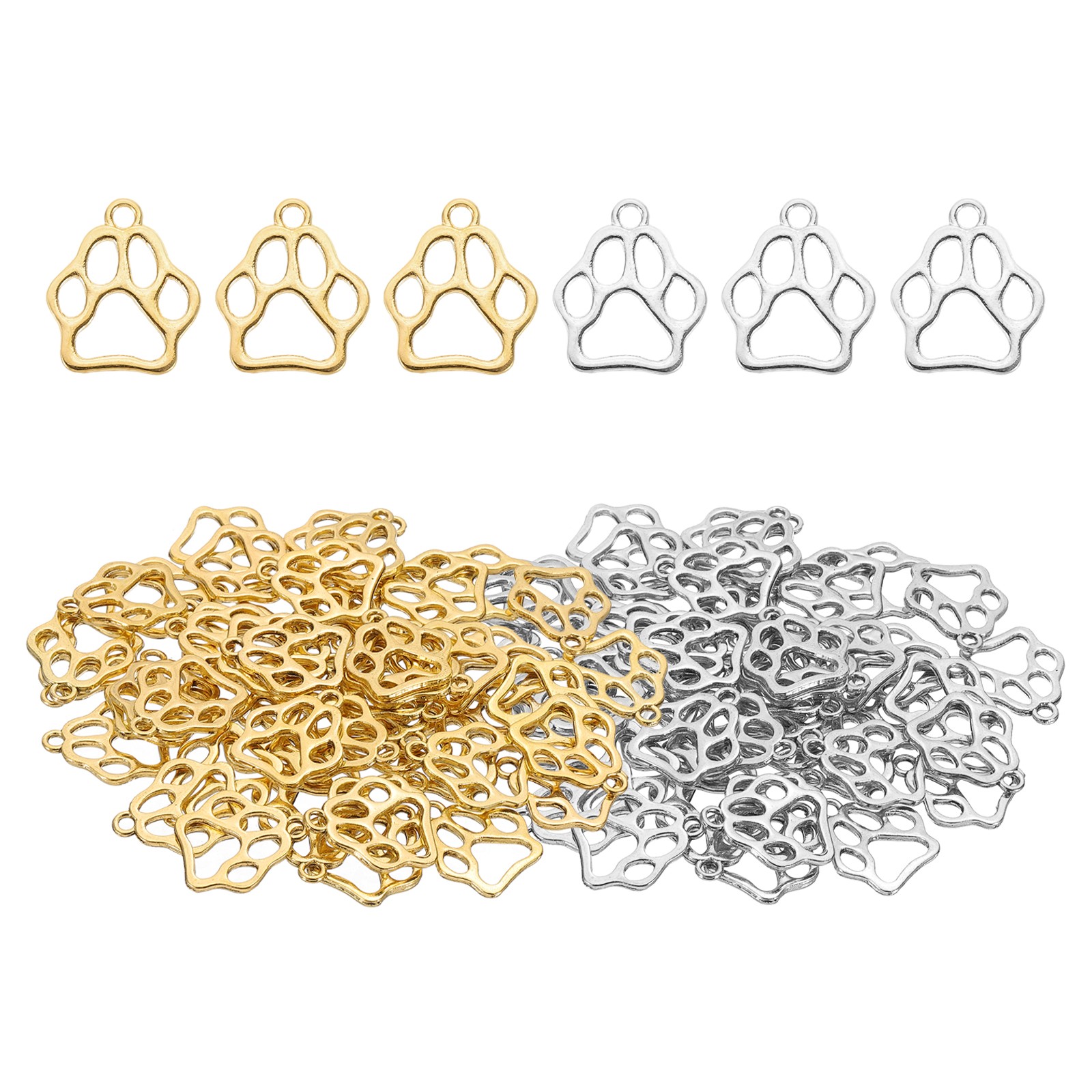 Hollow Paw Print Charm, 100Pcs Alloy Footprint Pendants, Silver Tone/Gold Tone