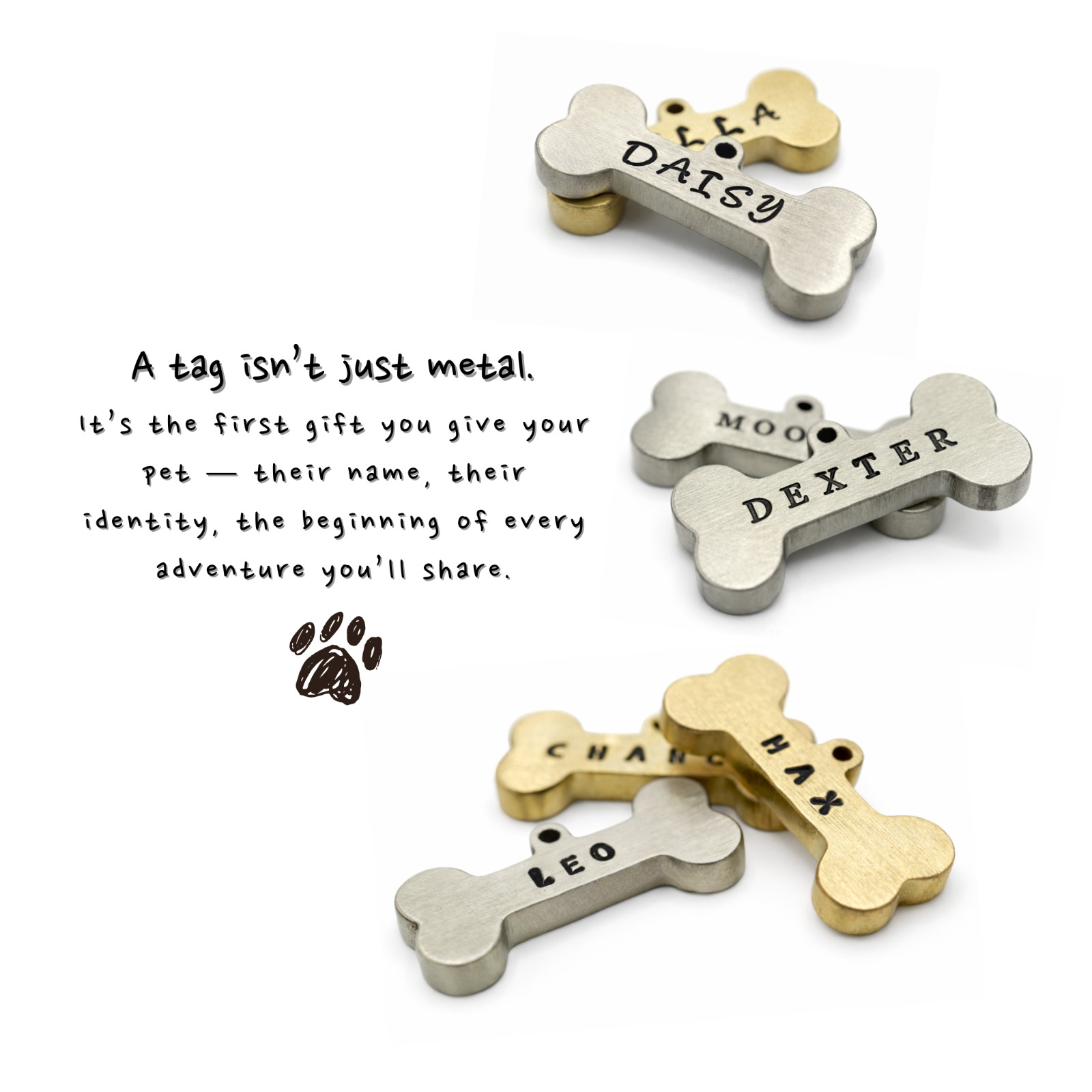 Personalized Hand Stamped Bone Dog Tag Custom Pet ID Tag Brass/Silver Handmade