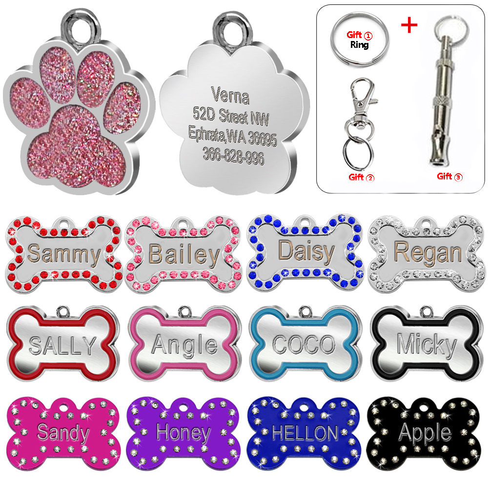 Glitter Crystal Bone Paw Shape Custom Dog Tags Pet Dog ID Name Phone Engrave