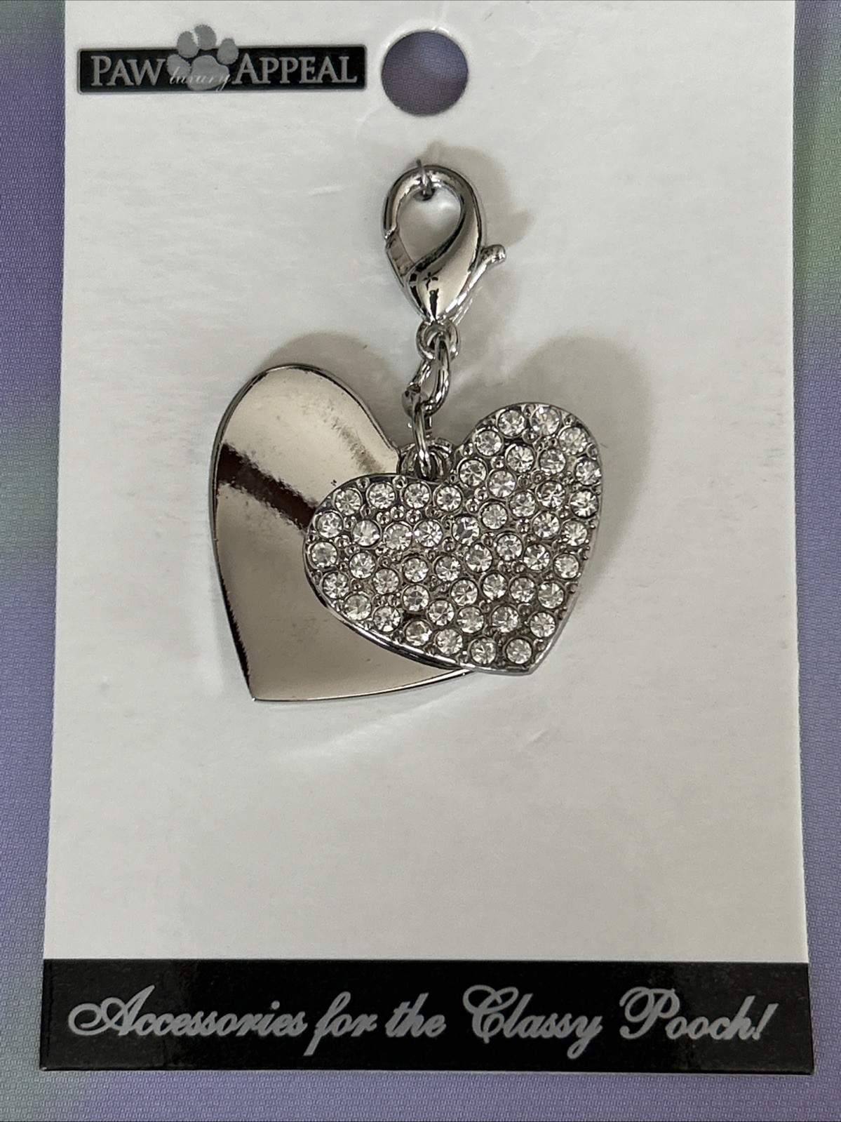 Pretty Paw Appeal White Rhinestone Double Heart Charm Tag Necklace Dog Cat New