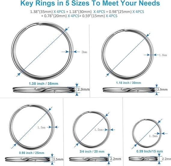 20 Pcs Stainless Steel Split Key Rings Assorted Sizes for DIY Dog Pet Collar Tag