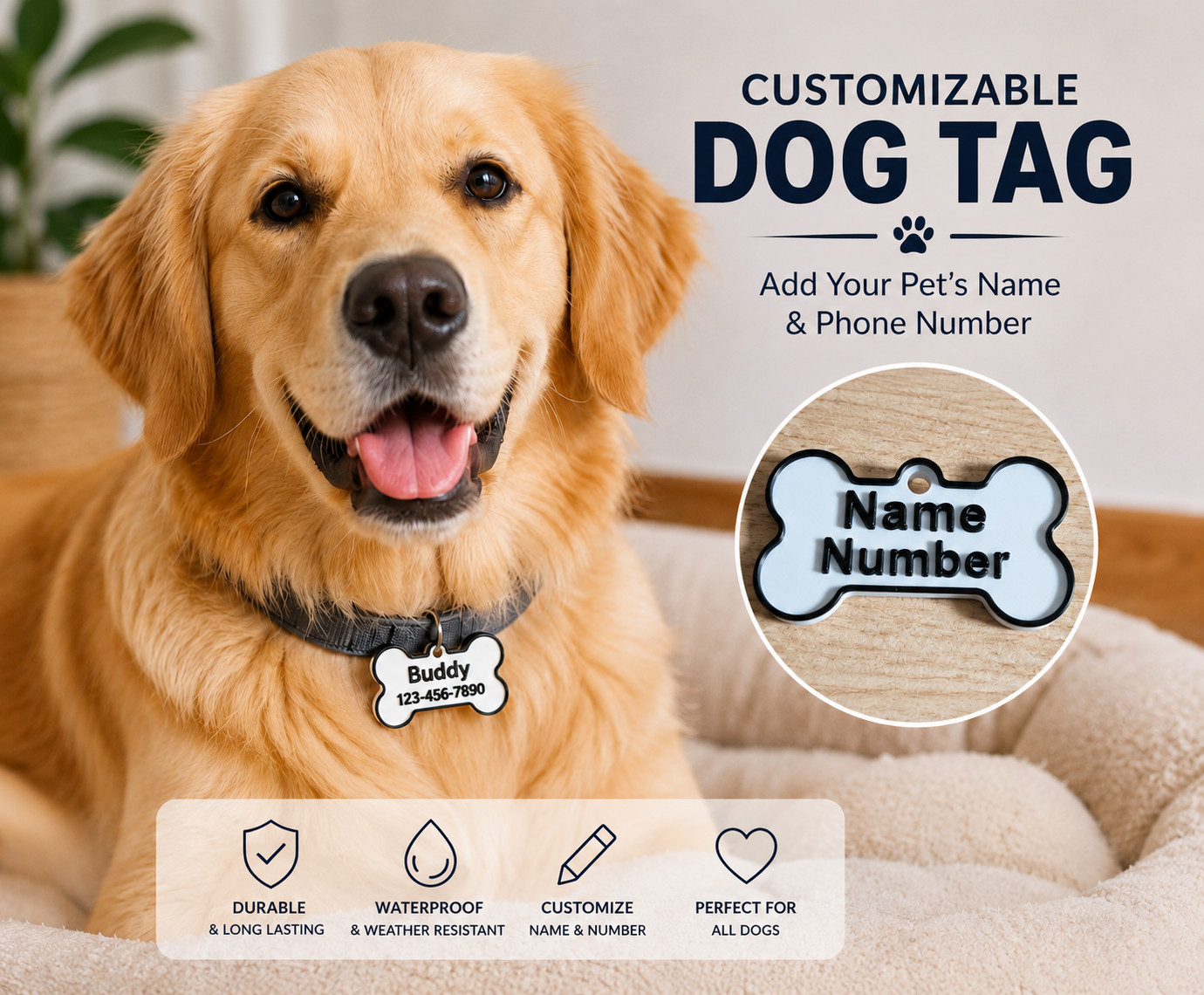 Personalized Dog Tag Custom Pet ID Tag with Name & Phone Number for Dogs Cats
