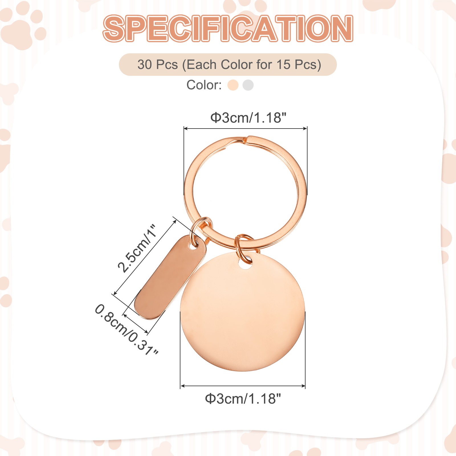 30Pcs Metal Engraving Keychain Blanks, Rose Gold/Silver Tone(Round)