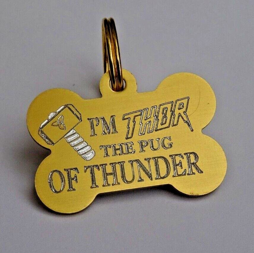 THOR PUG OF THUNDER DOG TAG PERSONALISED 38MM BONE ID TAG CHOICE OF NINE COLOURS