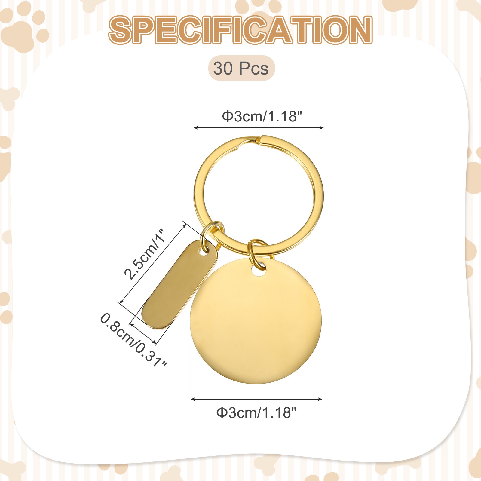 30Pcs, Metal Engraving Keychain Blanks Gold Tone(Round)