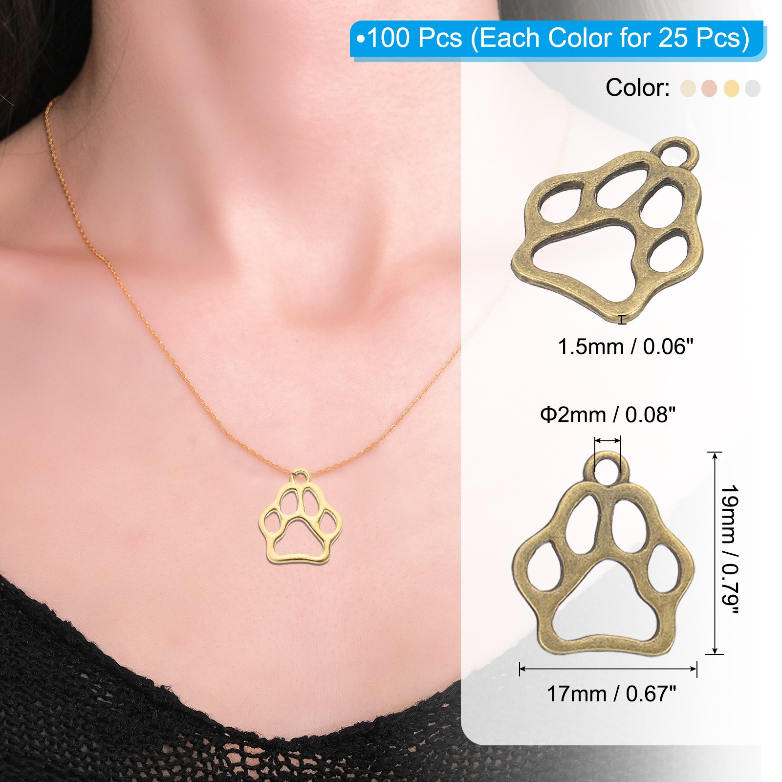 Hollow Paw Print Charm, 100Pcs Pendants, Gold/Bright Silver/Light Gold/Rose Gold