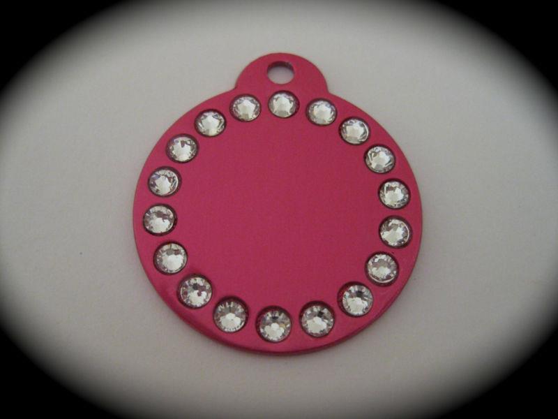 LARGE Round engraved Pet ID Name Tag Cat Dog with Swarovski Crystals FREE post