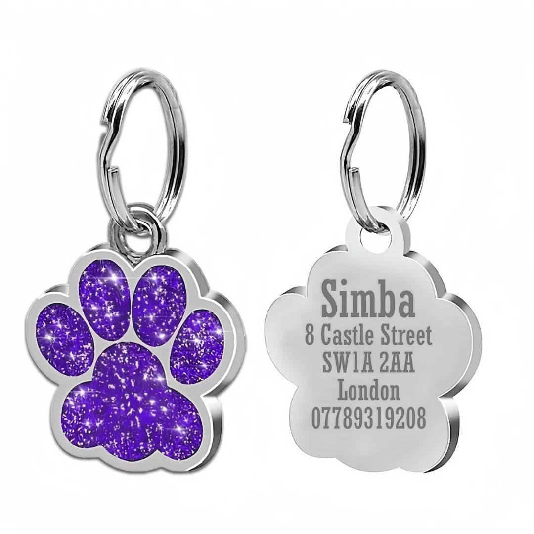 Personalized Paw Glitter Dog Tags Engraved Cat Puppy Pet ID Name Collar Tag New
