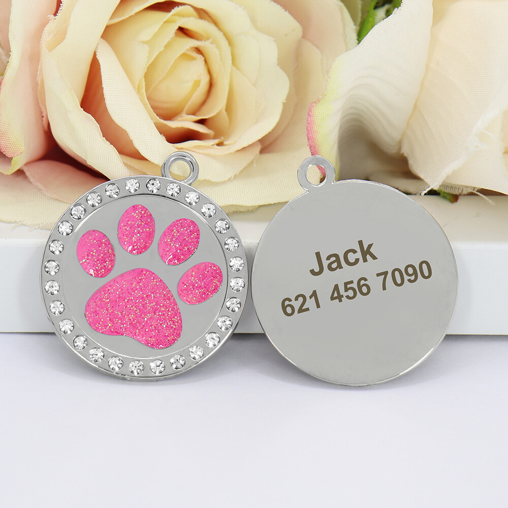 Paw Cat Dog Tags Personalized Custom Pet Name ID Engraved Rhinestone Bling Tag