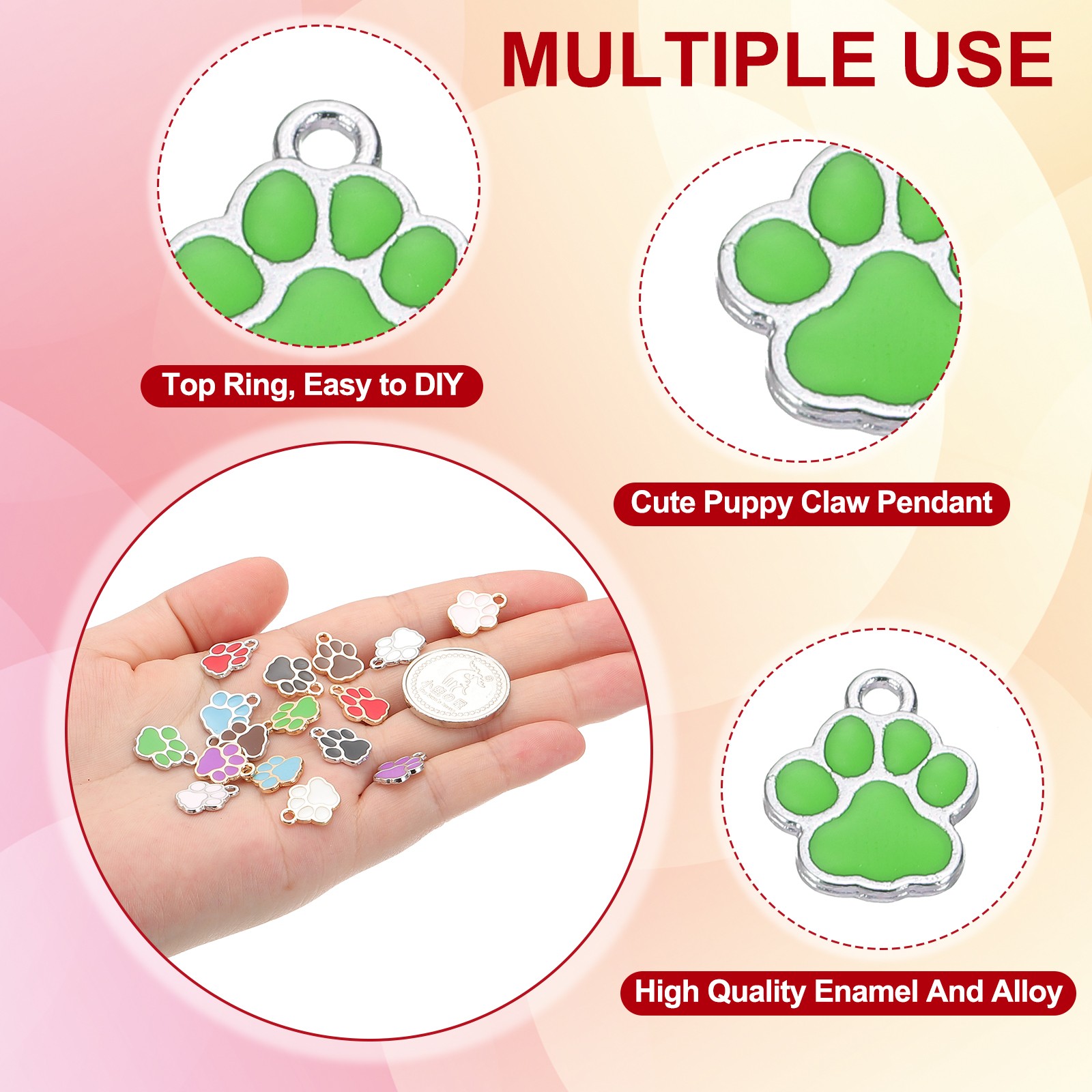 Enamel Paw Print Charm, 100Pcs Alloy Enamel Pendants , Green/silver