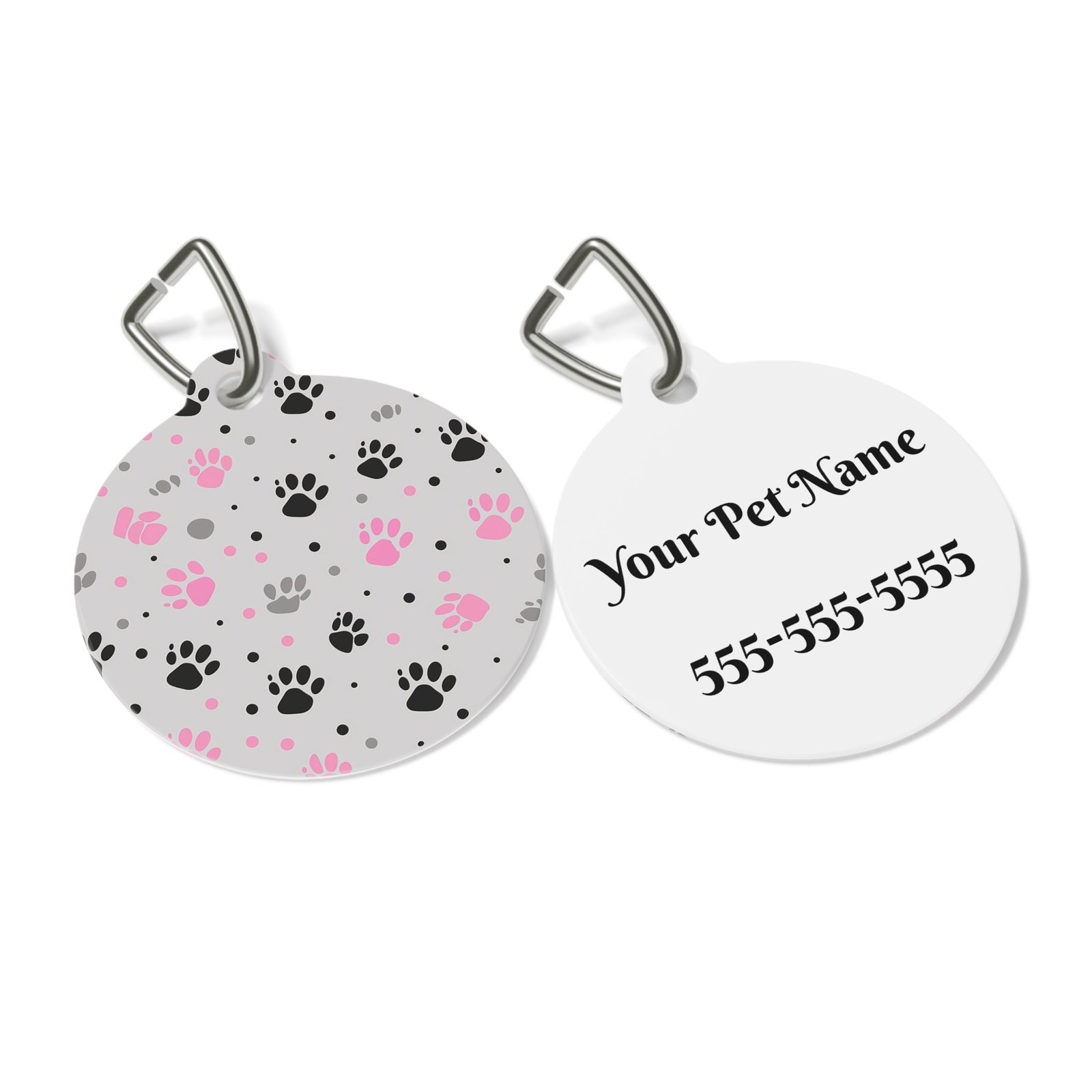 Pink, Black and Gray Paw Prints Pattern Pet Tag, Personalized Dog or Cat ID Tag