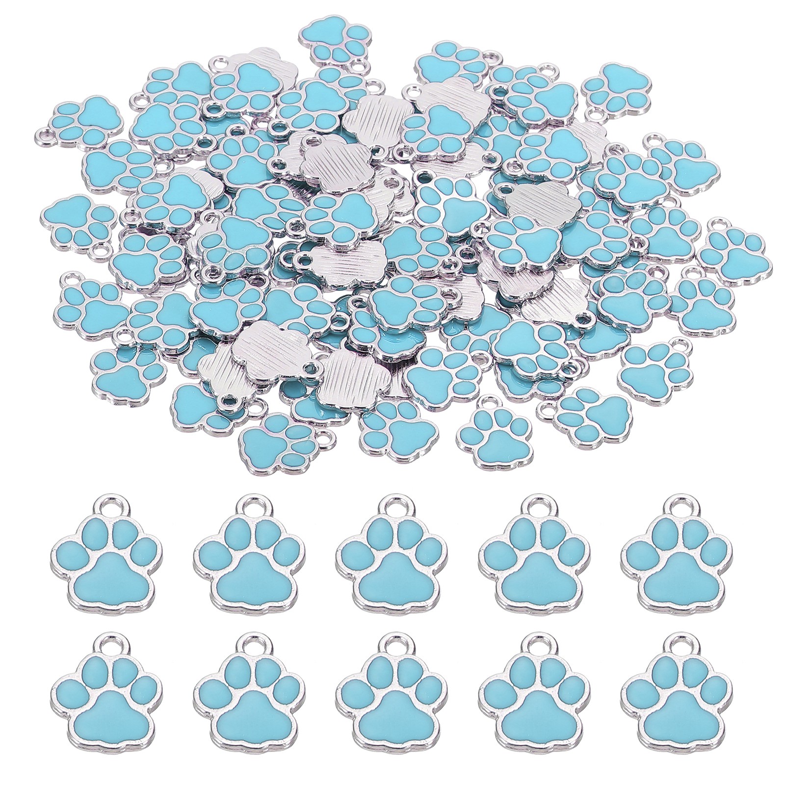 100 Pcs Lake Blue/Silver Enamel Paw Print Charm Alloy Enamel Pendants