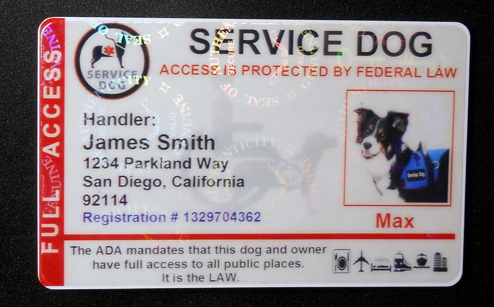 HOLOGRAPHIC SERVICE DOG ID CARD FOR SERVICE ANIMAL ADA RATED 8 R H
