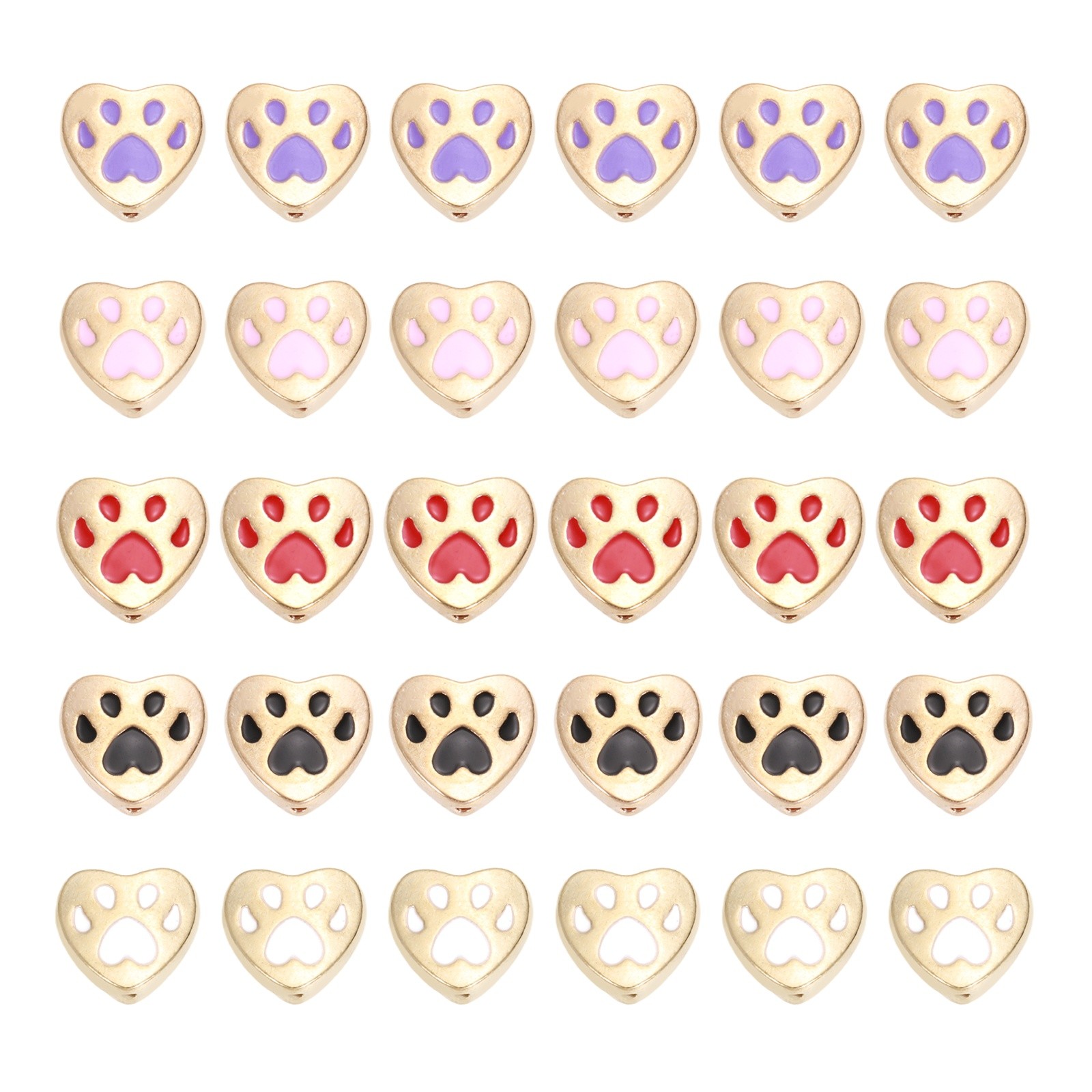 Paw Print Heart Beads, Dog Cat Paw Charms, 50Pcs(Pink/Purple/Red/Black/White)