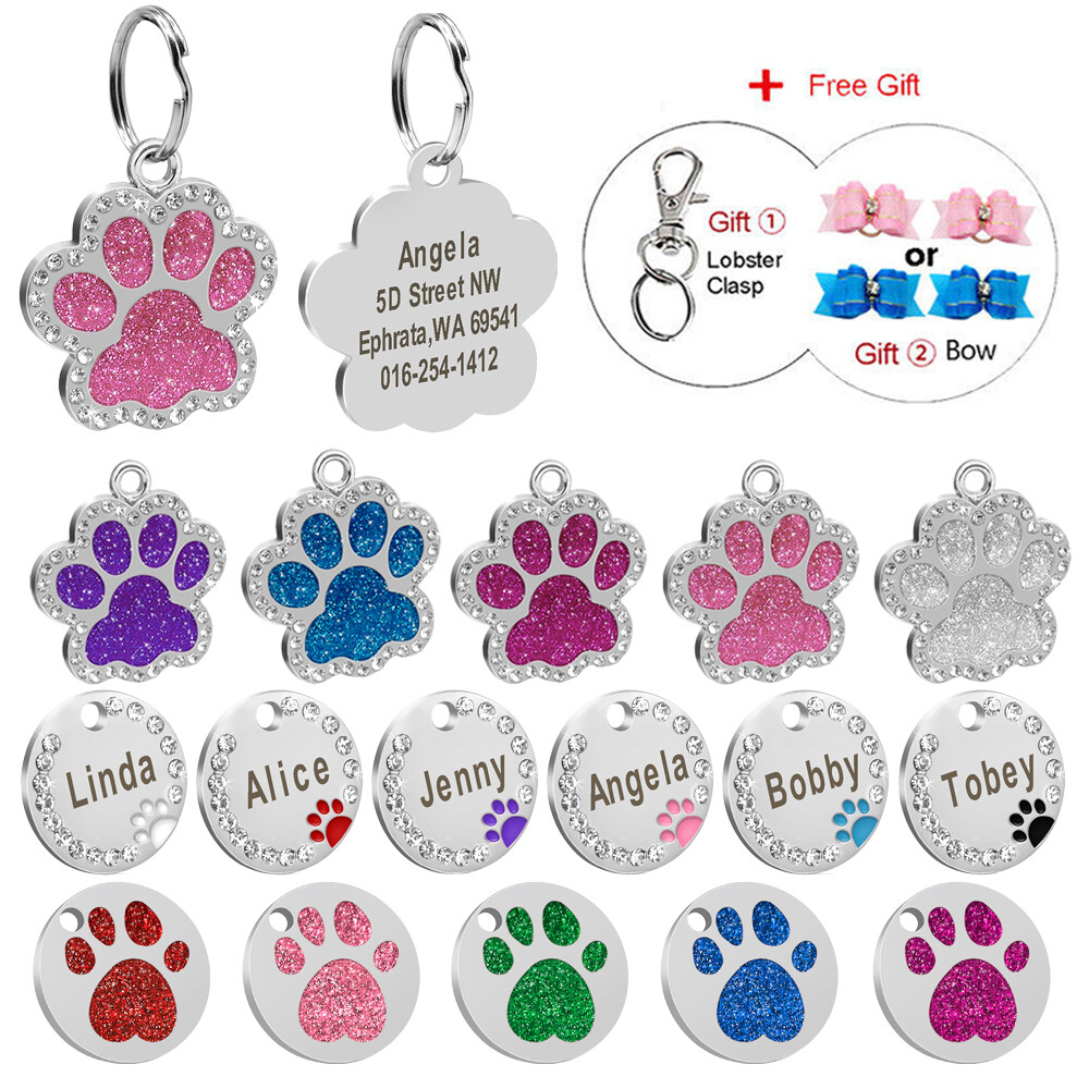 Glitter Paw Dog Tag Bling Rhinestones Personalized Custom Name ID Engraved Cat