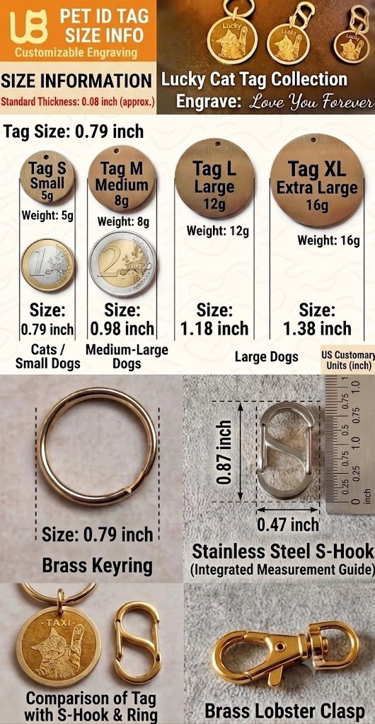Custom Pet Photo ID Tag | 4 Border Styles & 4 Sizes | Solid Brass Coin