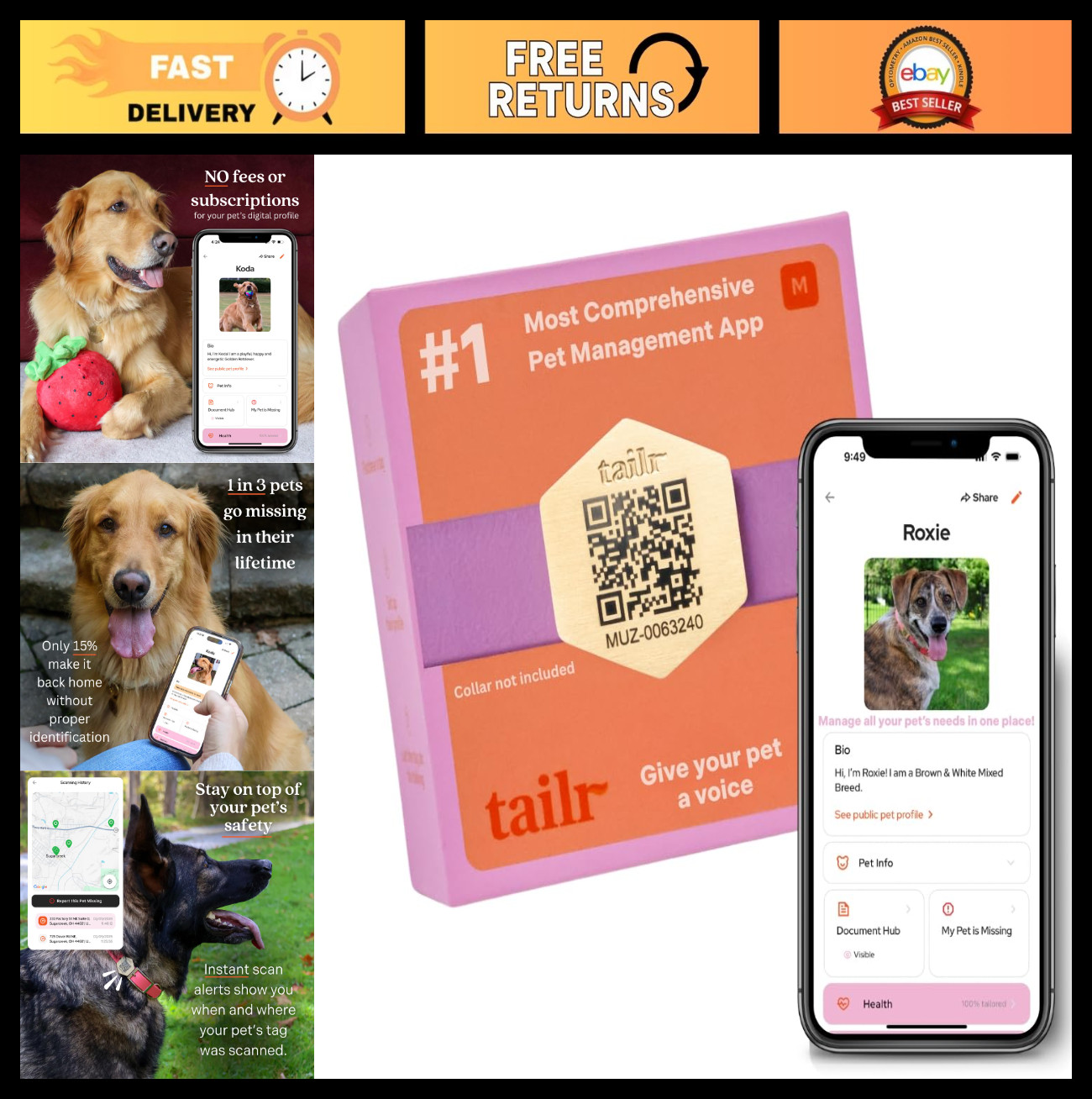 Gold-Plated Pet ID QR Tag, Military-Grade Steel, Free Digital Profile & Health R
