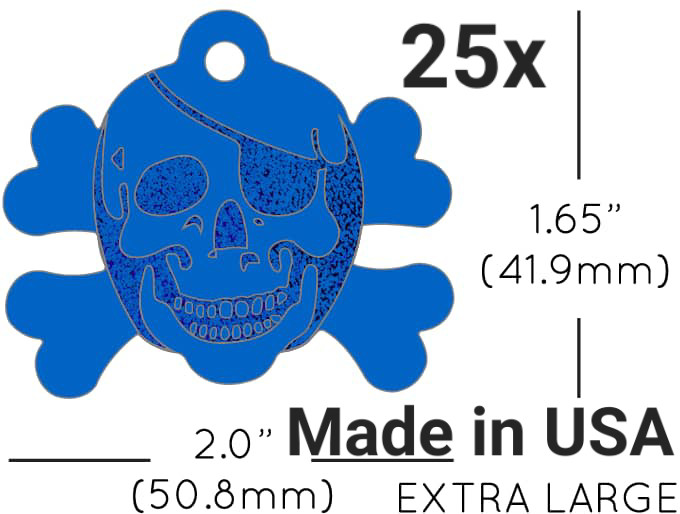 25x Anodized Aluminum Pet ID Tag Skull Crossbones Blue Made in USA (Lead Free)