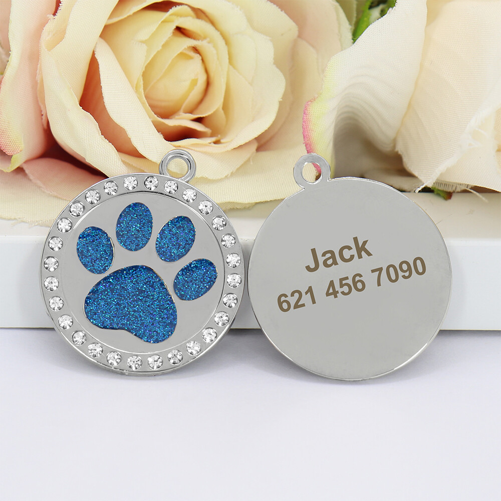 Paw Cat Dog Tags Personalized Custom Pet Name ID Engraved Rhinestone Bling Tag
