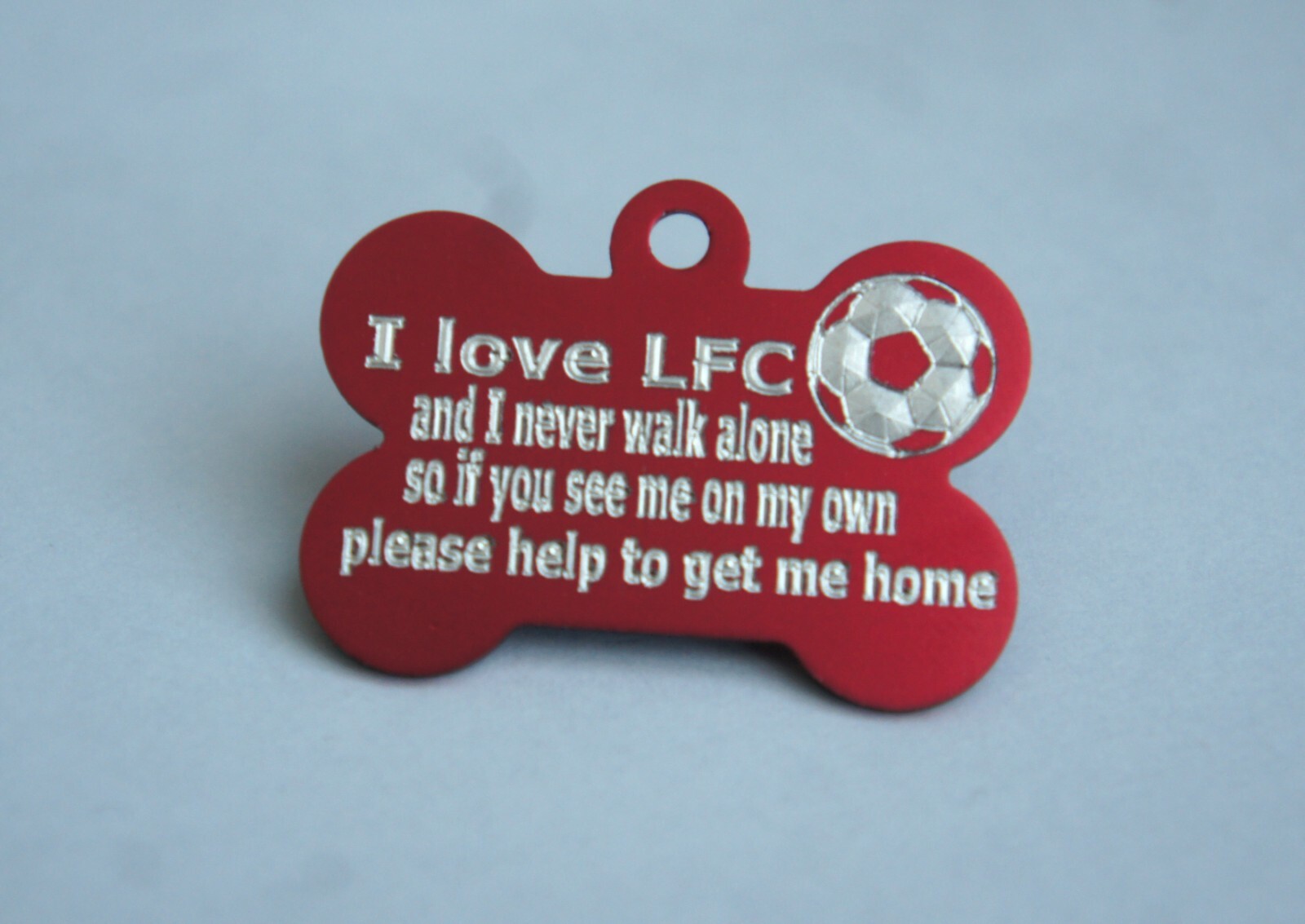 LFC LIVERPOOL DOG TAG NEVER WALK ALONE PERSONALISED RED BONE TAG & 3D FOOTBALL