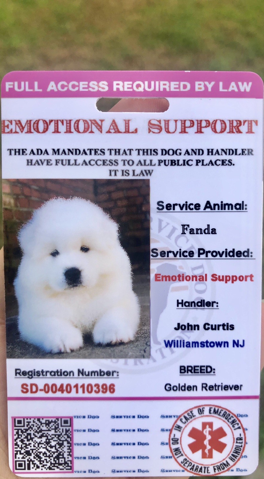 Pink EmotionalSupport Dog Card ID Assistance Animal Badge ADA ESA With QR Code