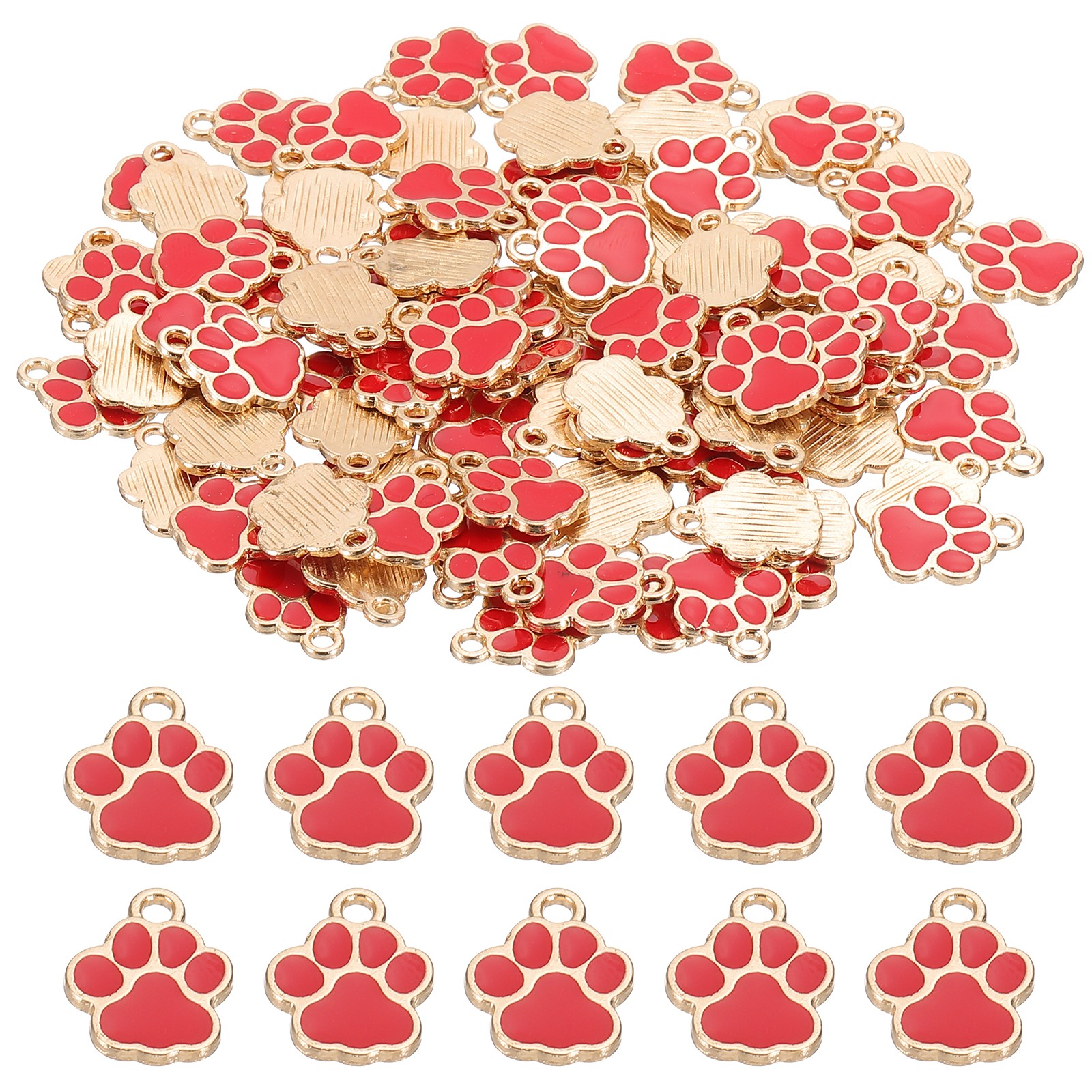 Enamel Paw Print Charm, 100Pcs Alloy Enamel Pendants , Red/gold