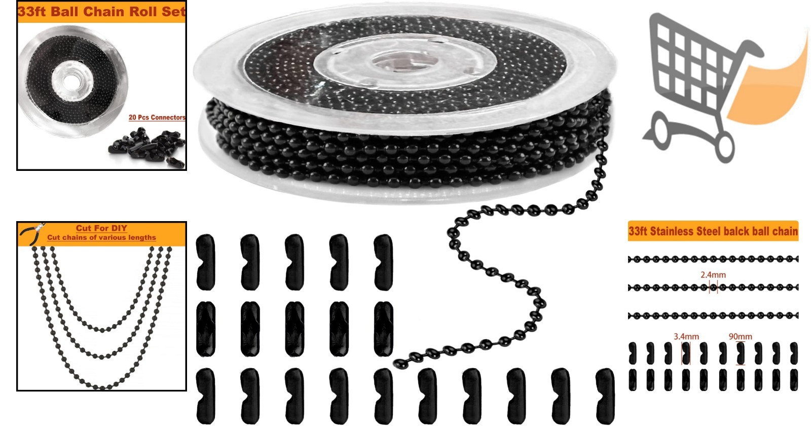 Steel Ball Chain Bead Necklace Set 33ft Silver & Black for Jewelry DIY Crafts