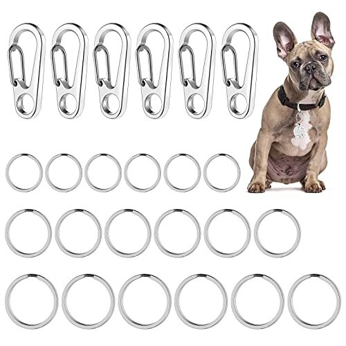 Dog ID Tag Holder with Stainless Steel Ring for Collars, 6 Clips + 18 Rings