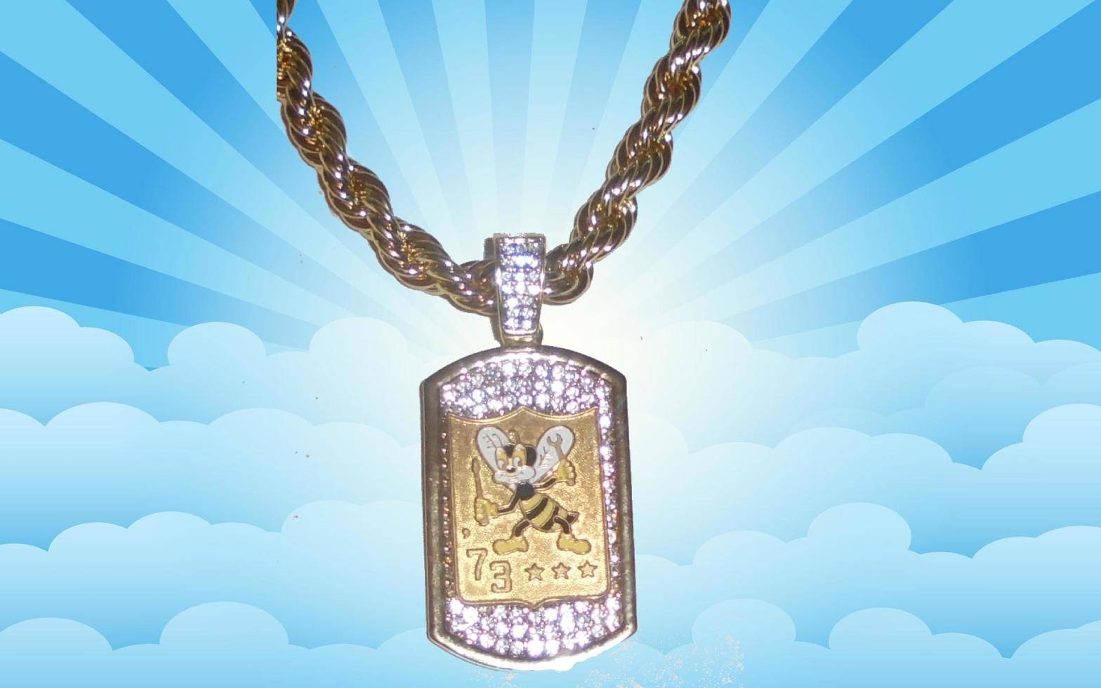 Deluxe Iced Bling Gold CZ USN SEABEES Navy Construction Battalion Dog Tag Chain