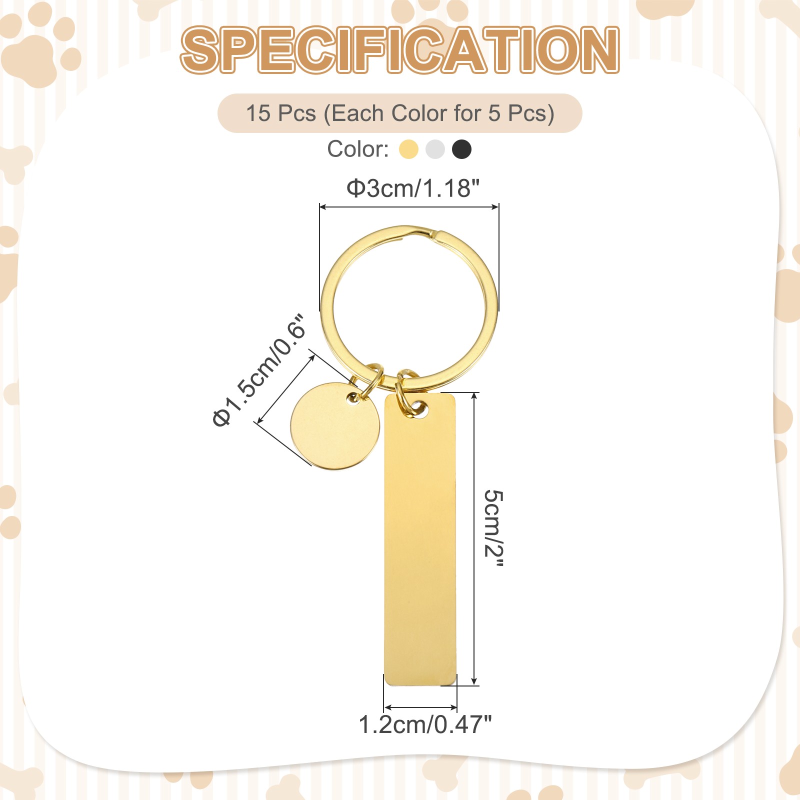 15Pcs Metal Engraving Keychain Blanks, Gold Tone/Silver Tone/Black(Rectangular)