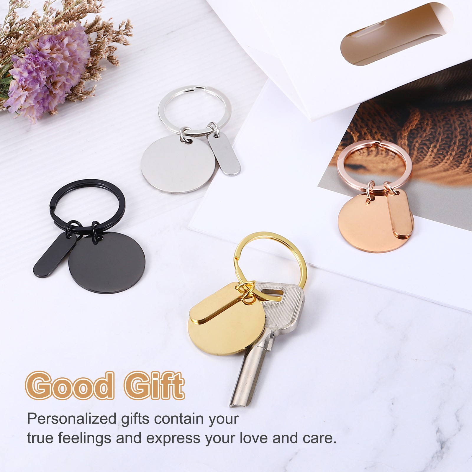 30Pcs Metal Engraving Keychain Blanks, Rose Gold/Silver Tone(Round)