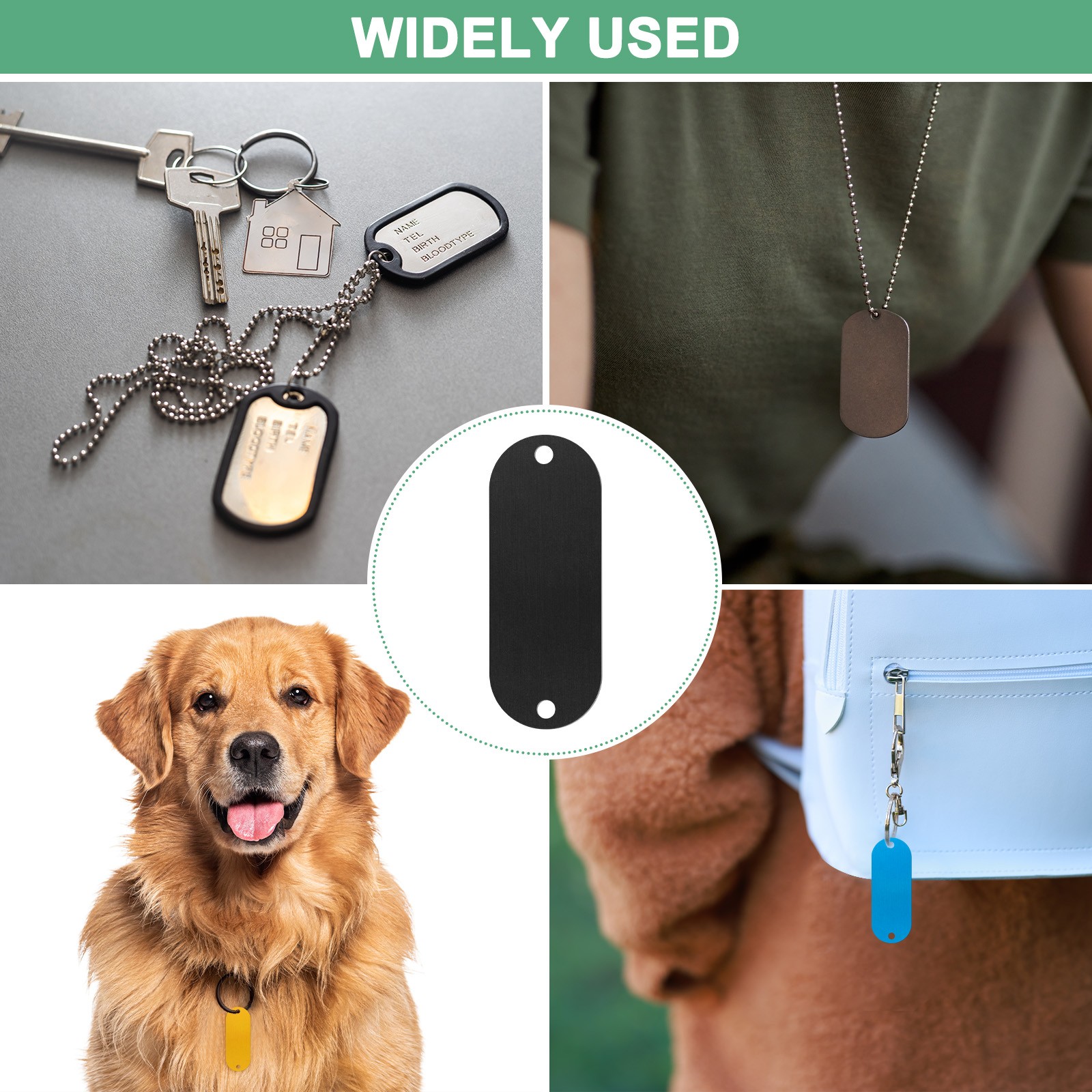 25-Pack 2″ x 0.75″ x 0.04″( L x W x T ) Blank Dog Tags [Black, 2 Holes]