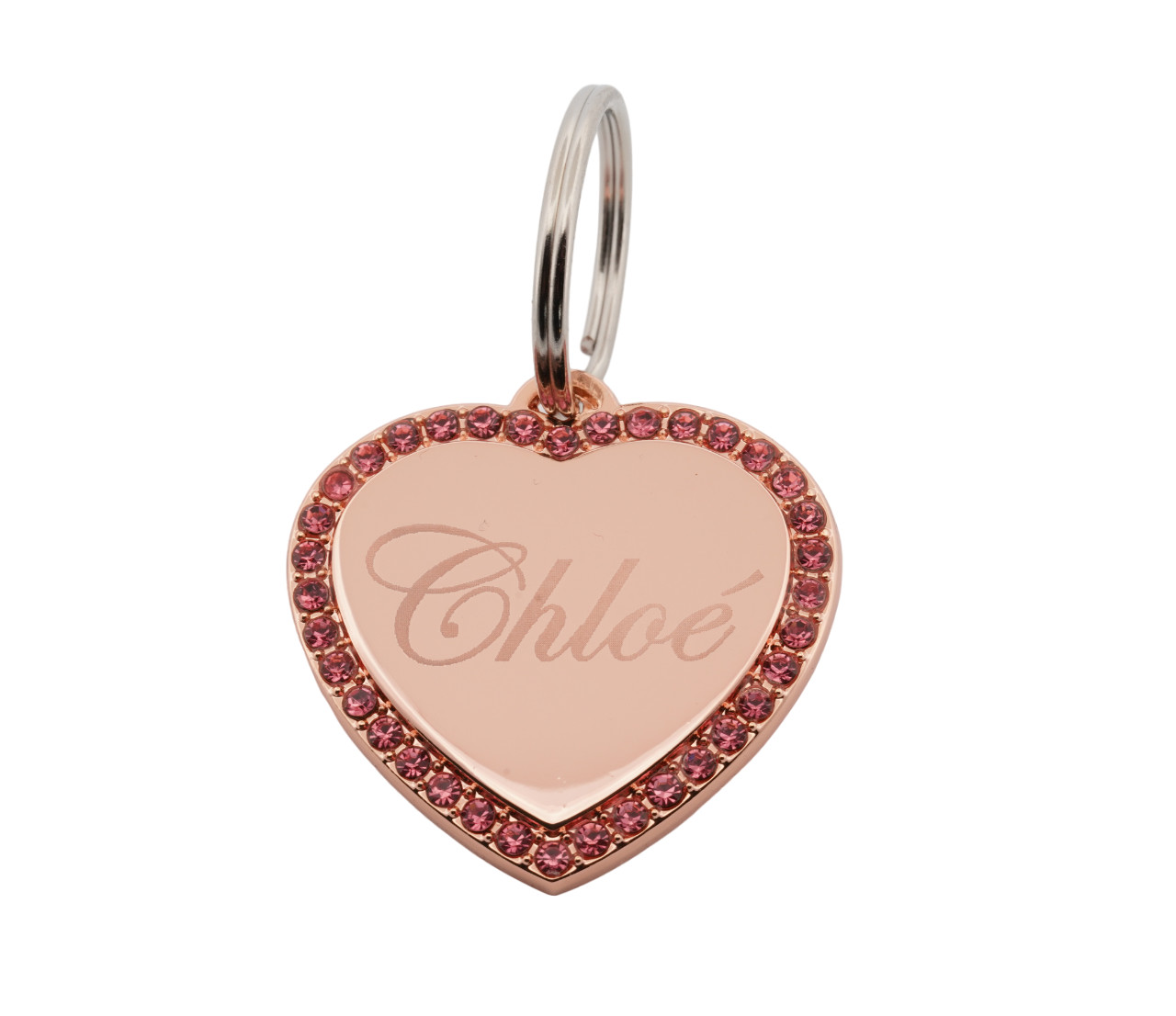 Custom Engraved Personalized Rose Gold Plated Heart w/Pink Stones Dog Pet ID Tag