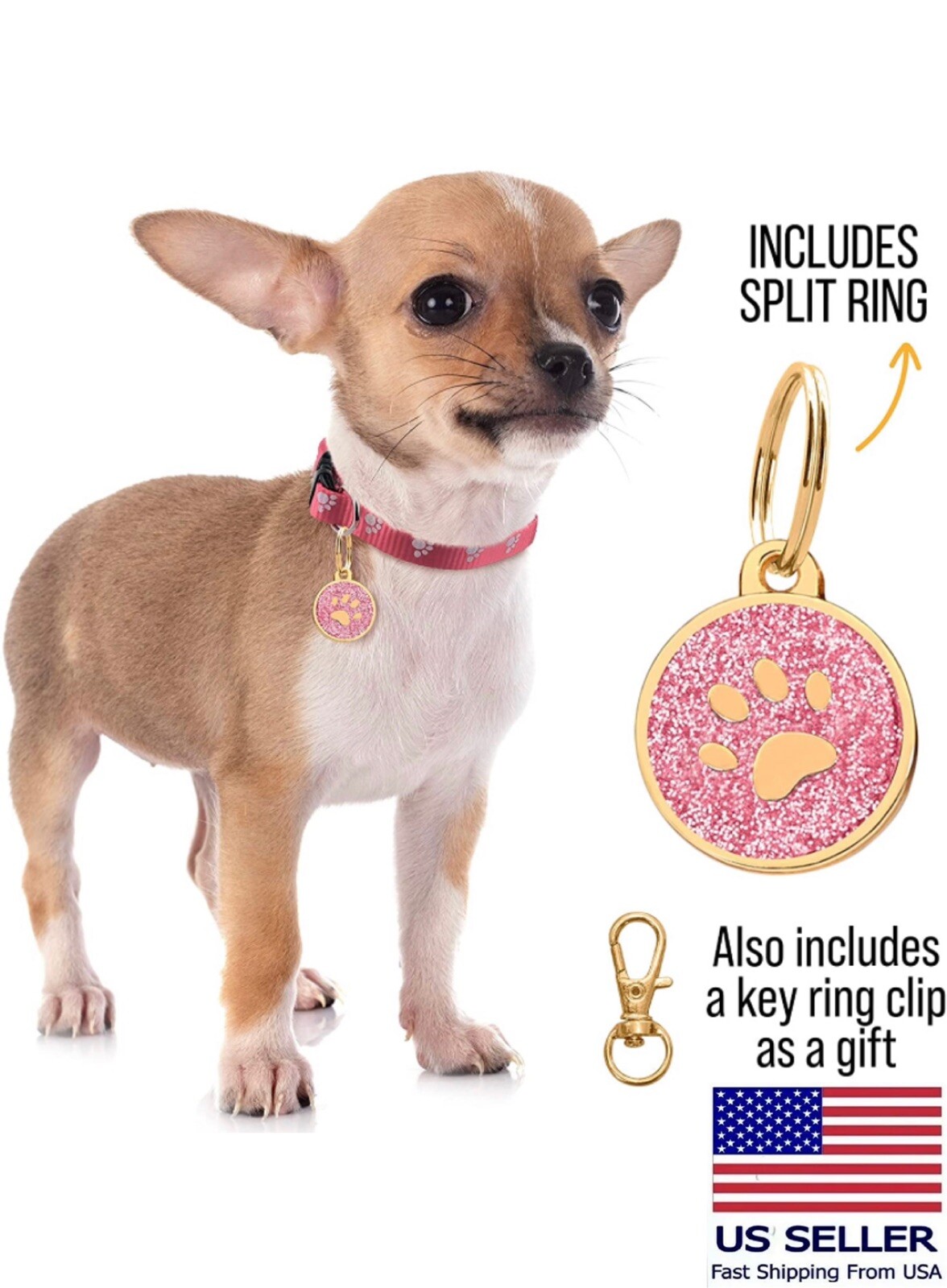 Personalized Stainless Steel Cute Sparkly Shiny Bling Paw Collar Tag Lost Dog