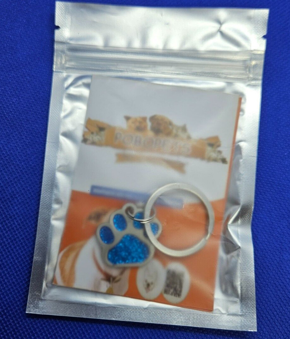 Pobopets Pet Tag Blue Glittery Paw Design (Company Defunct)