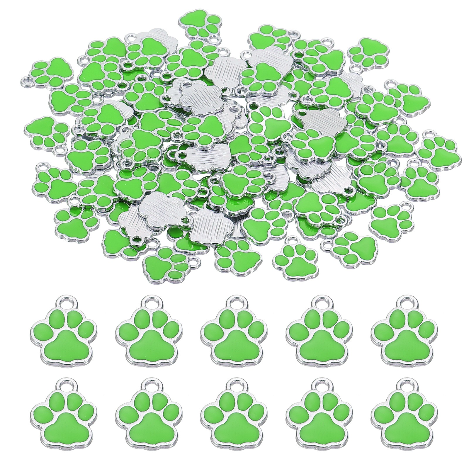 Enamel Paw Print Charm, 100Pcs Alloy Enamel Pendants , Green/silver