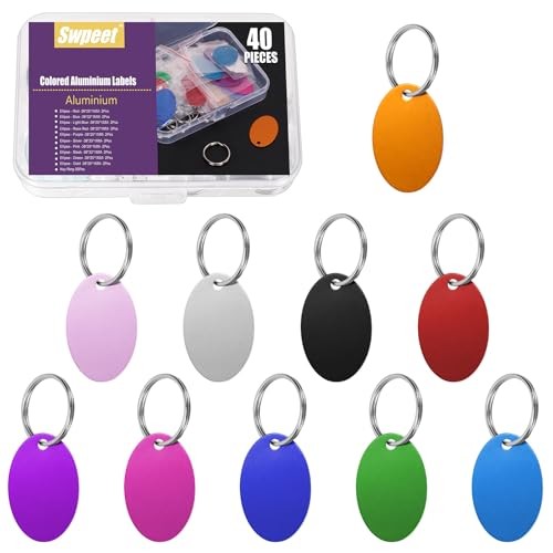 Swpeet 40Pcs 10 Colors 1.49″ x 1″ Aluminum Blank Tags with Key Ring Oval