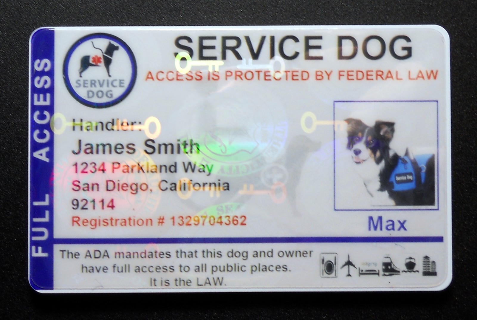 HOLOGRAPHIC SERVICE DOG ID CARD FOR SERVICE ANIMAL ADA RATED 8 BH