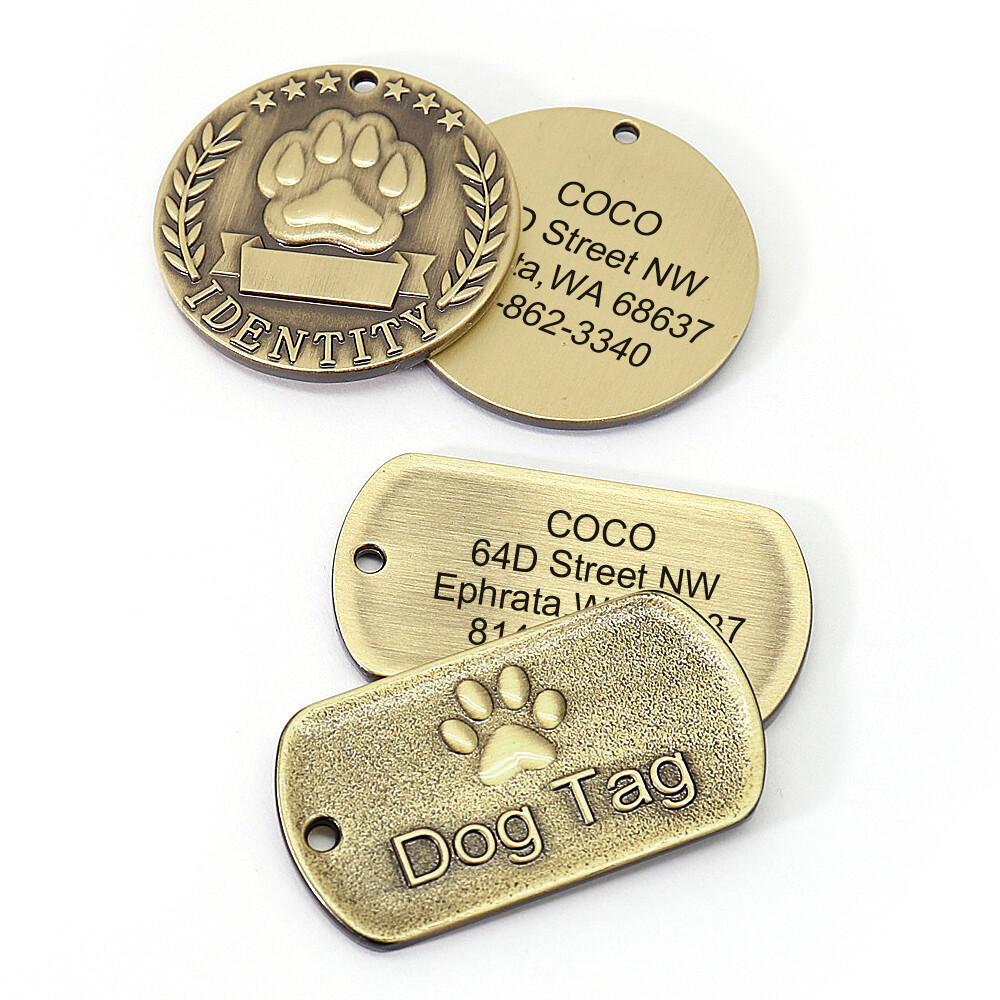 BRASS DOG TAGS MILITARY PERSONALIZED CUSTOM PET NAME ID ENGRAVED FOR COLLAR