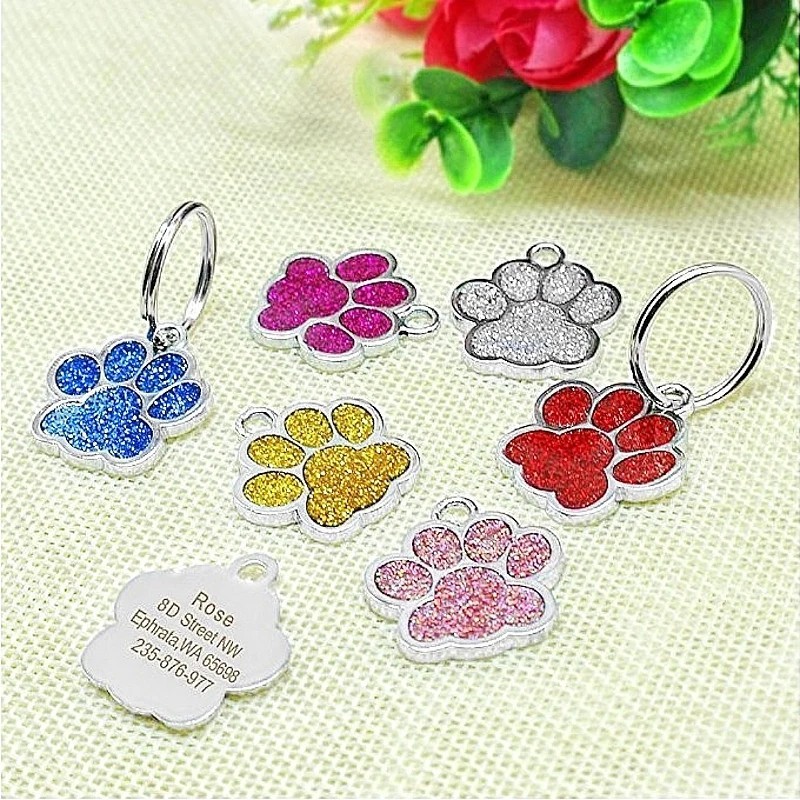 Paw Glitter Dog Tags Engraved Cat Puppy Pet Collar Tag New