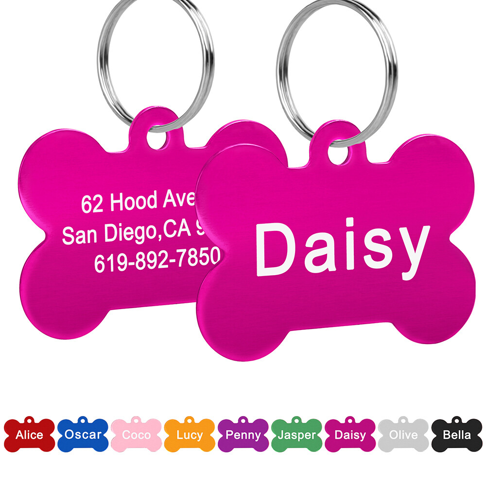 Personalized Pet Name ID Tags for Dog, Custom Double Sided Engraved Bone Shape