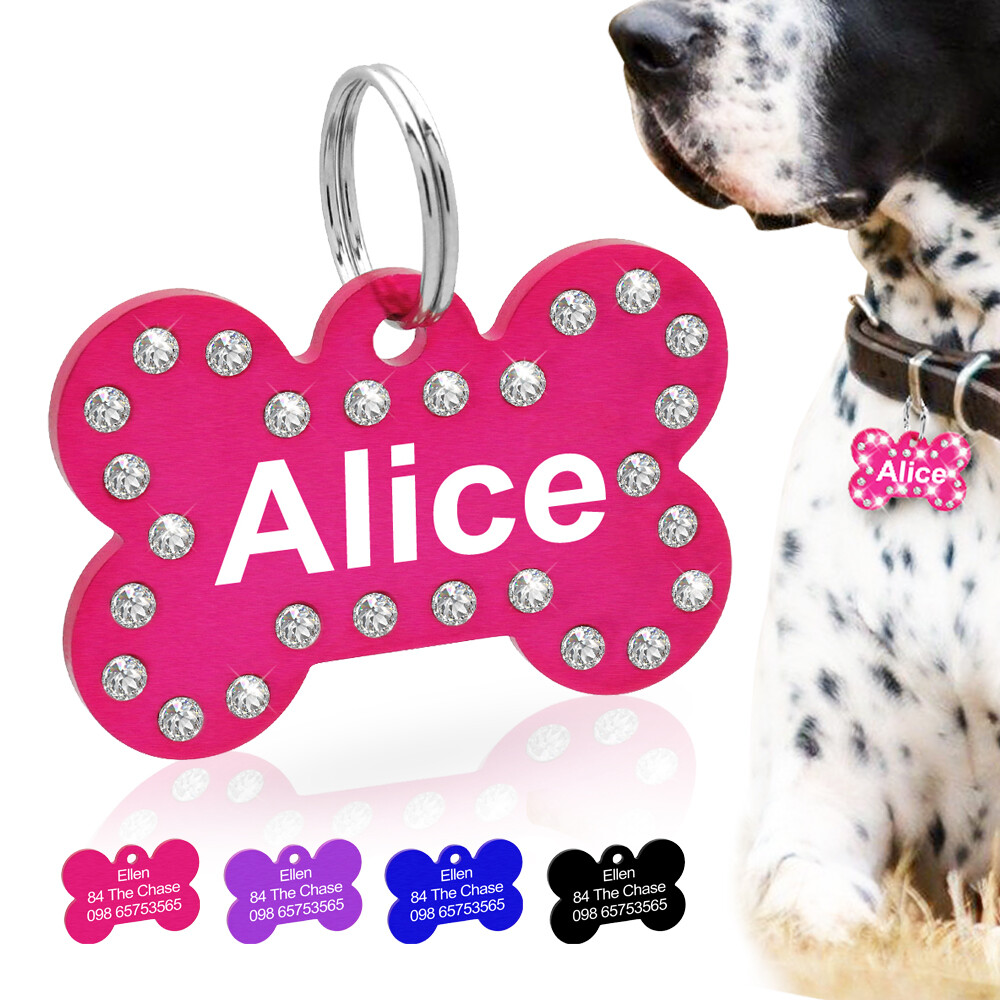 20/100pcs 40mm Personalized Dog Tags Glitter Rhinestone Bulk Bone Pet Name Discs