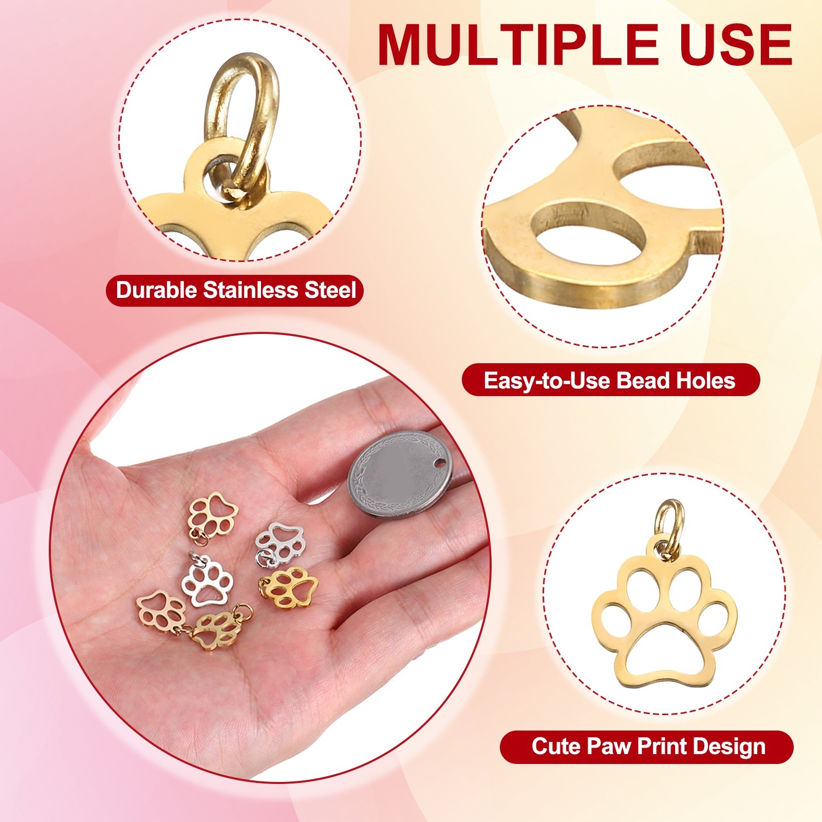 Dog Paw Print Charms Set 3mm, 20 Pcs Cat Dog Paw Pendant, Gold
