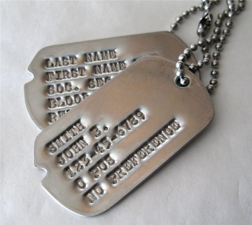 DOG TAGS NOTCHED MILITARY CUSTOM DEBOSSED 2 TAGS SAME AS GI (UP To 18 SPACES)!!