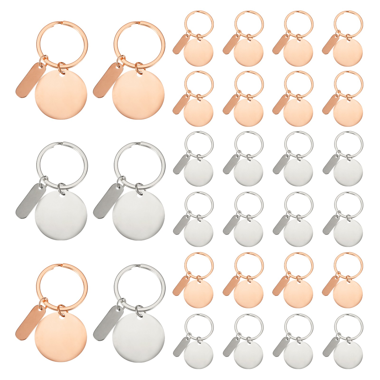 30Pcs Metal Engraving Keychain Blanks, Rose Gold/Silver Tone(Round)