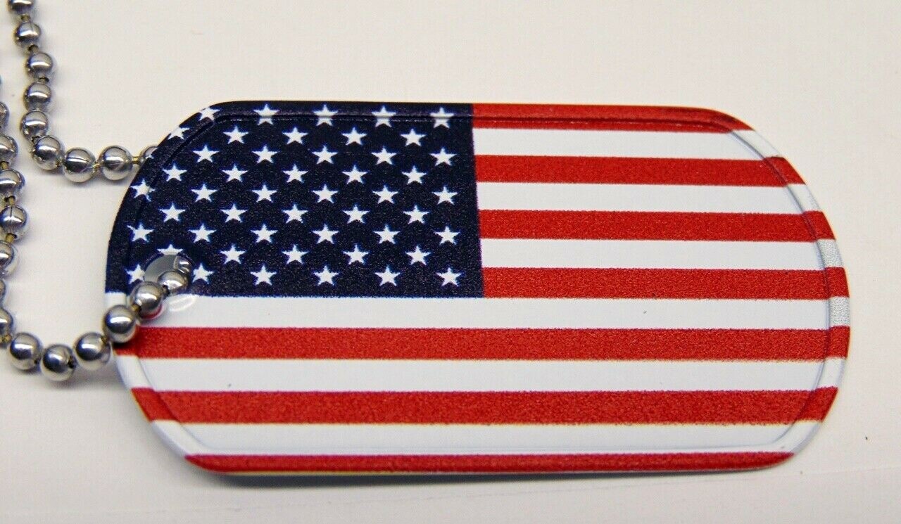 One American Flag Full Color Military Dog Tag ~ Stainless Steel plus 30″ Chain
