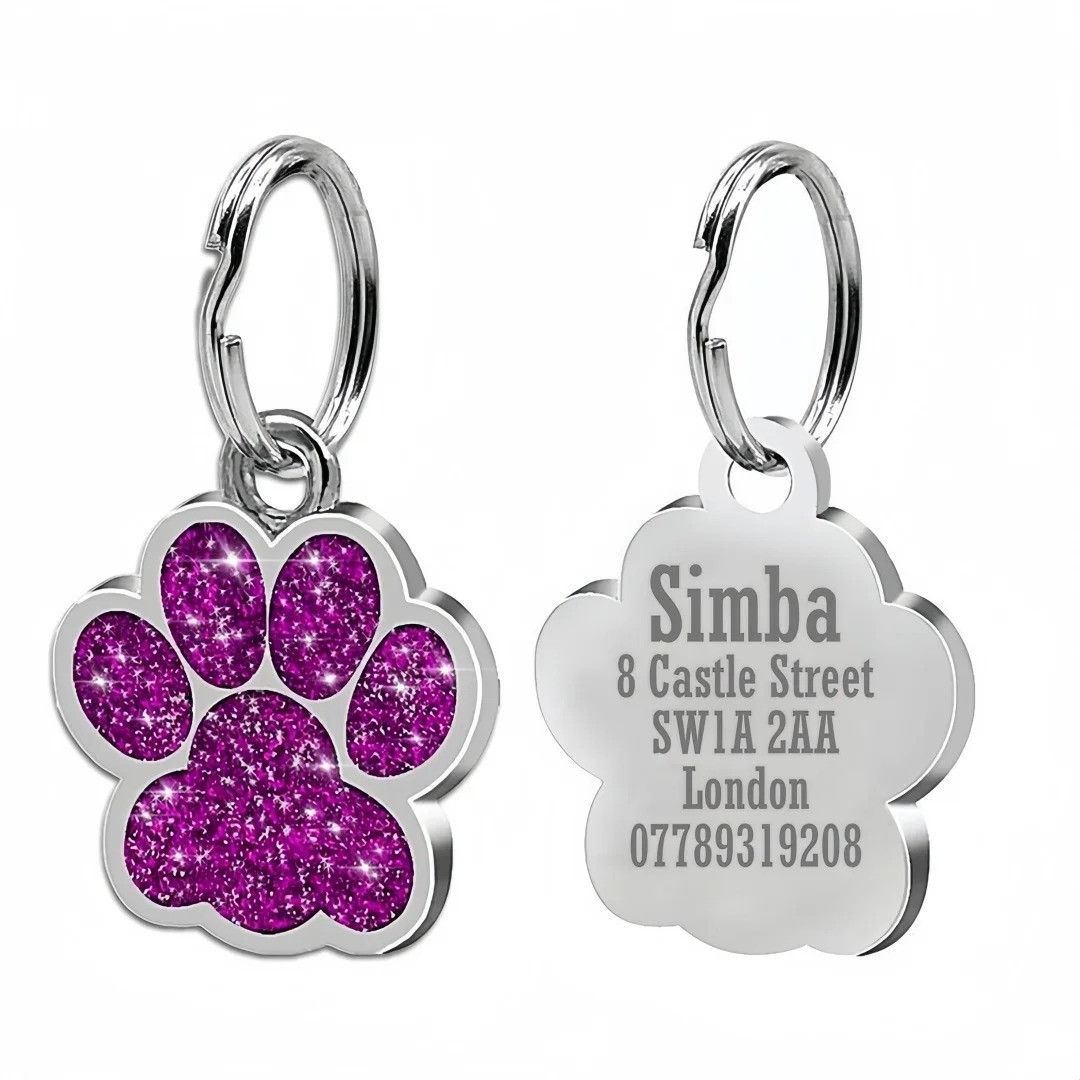Personalized Paw Glitter Dog Tags Engraved Cat Puppy Pet ID Name Collar Tag New